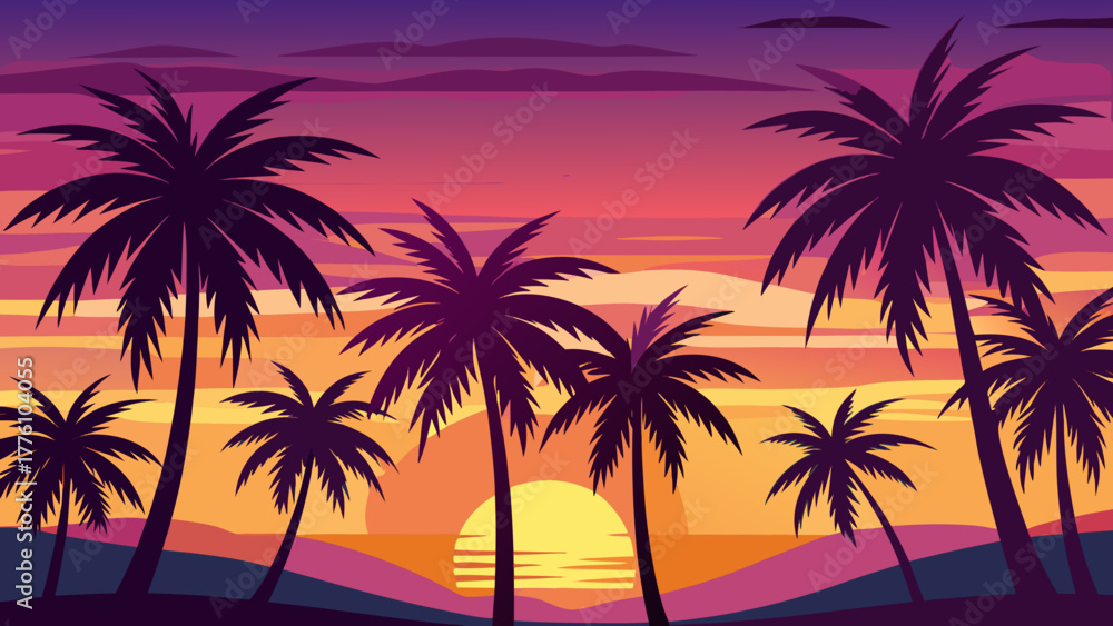 Obraz premium Vibrant tropical sunset with silhouette palm trees and colorful sky
