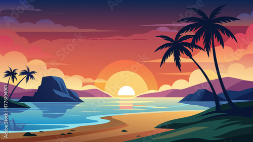 Vibrant tropical beach sunset with palm trees and calm ocean water