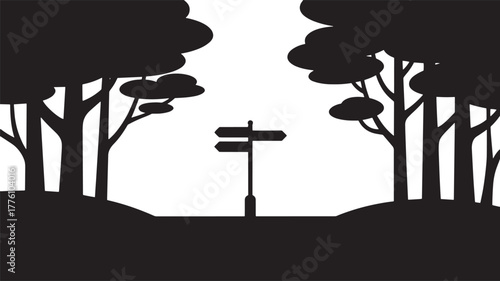 Crossroad Sign Post in Forest Silhouette. Concept for Choice, Decision, or Navigation