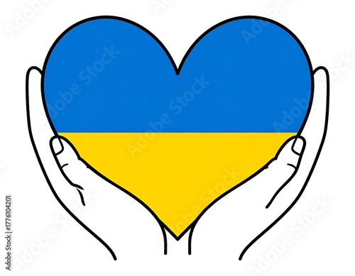 A heart shape in blue and yellow colors, held by two hands, conveying support