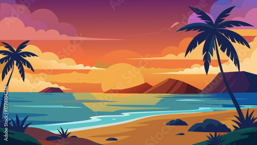 Vibrant tropical beach sunset with palm trees and colorful sky