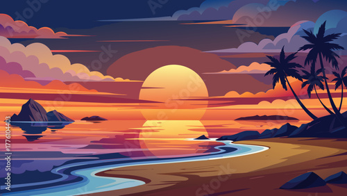 Vibrant tropical beach sunset with palm trees and ocean reflection