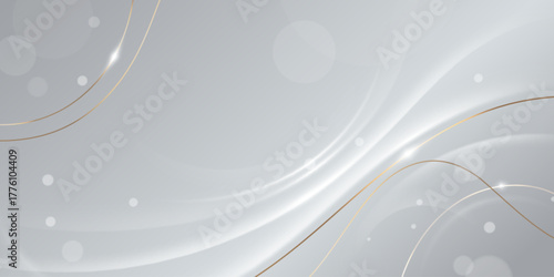 Luxury silver award background with white glitter dots and gold wave lines. Premium elegant smooth gradient surface with flowing curves for certificate, invitation or celebration event design template