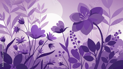 Abstract purple floral landscape with soft circles and layered foliage