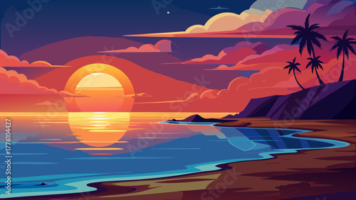 Vibrant sunset over tropical beach with palm trees and reflecting water