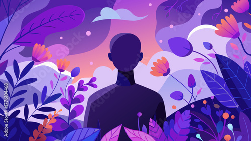 Silhouette of a person surrounded by abstract floral elements and vibrant colors