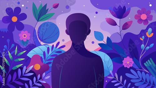 Silhouette of a person surrounded by vibrant abstract floral and leaf shapes in purple hues