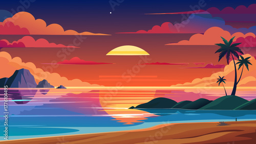 Vibrant tropical sunset over calm ocean with palm trees