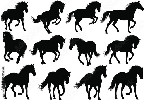 Black horse silhouettes collection, galloping and walking horses vector set, elegant wild stallion animal illustration, equestrian motion design for logo and decoration