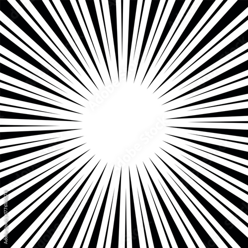 Black and white radial rays burst with central glowing white circle