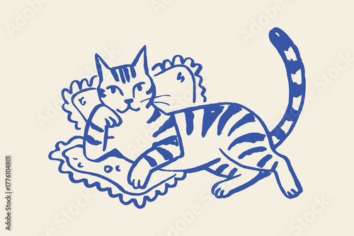 Tabby cat on pillow, naive sketch vector illustration