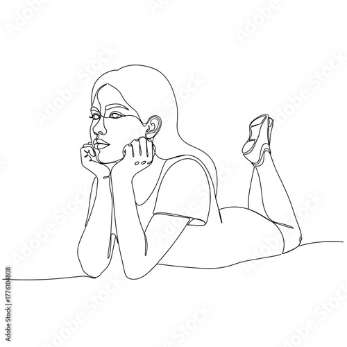 Woman lying down thinking in minimalist single-line black drawing