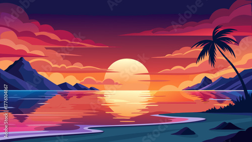 Vibrant sunset over tropical ocean with palm tree and mountains