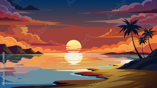 Vibrant tropical sunset over calm ocean with palm trees