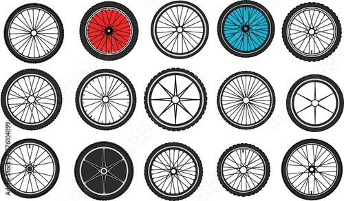 Bicycle wheel collection, spoke patterns, tire textures, road bike rims, mountain bike tires, cycling parts, black wheels, colorful spokes, gear design, vector illustration