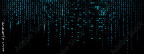 Binary code rain background with matrix style. Futuristic digital bg with flowing blue code numbers.