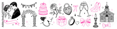 Whimsical wedding set. Vintage hand drawn bride, cake, bouquet, champagne, gifts, romantic rings, bows, church, and party icons in sketch style.