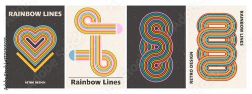 Collection of abstract retro posters. Vintage 70s style art with geometric stripes. Set of groovy backgrounds.