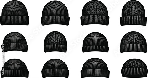 Black knit beanie collection, winter hats, folded brim, textured patterns, fashion accessories, wool headwear, cozy style, cold weather gear, textile design, apparel illustration