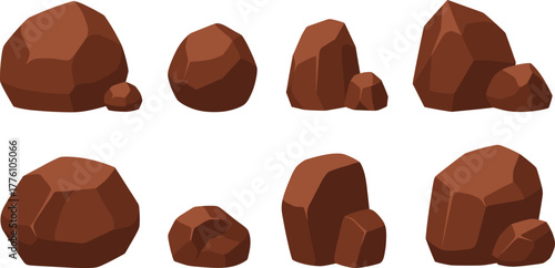 Brown rock collection, stylized boulders, polygonal stones, game assets, terrain elements, natural environment, digital illustration, rocky texture, landscape design, 3D model