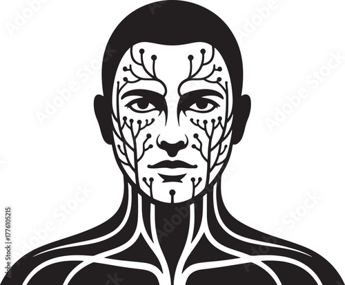 Monochrome Portrait of Man with Vascular System Pattern on Face and Neck Vector Art