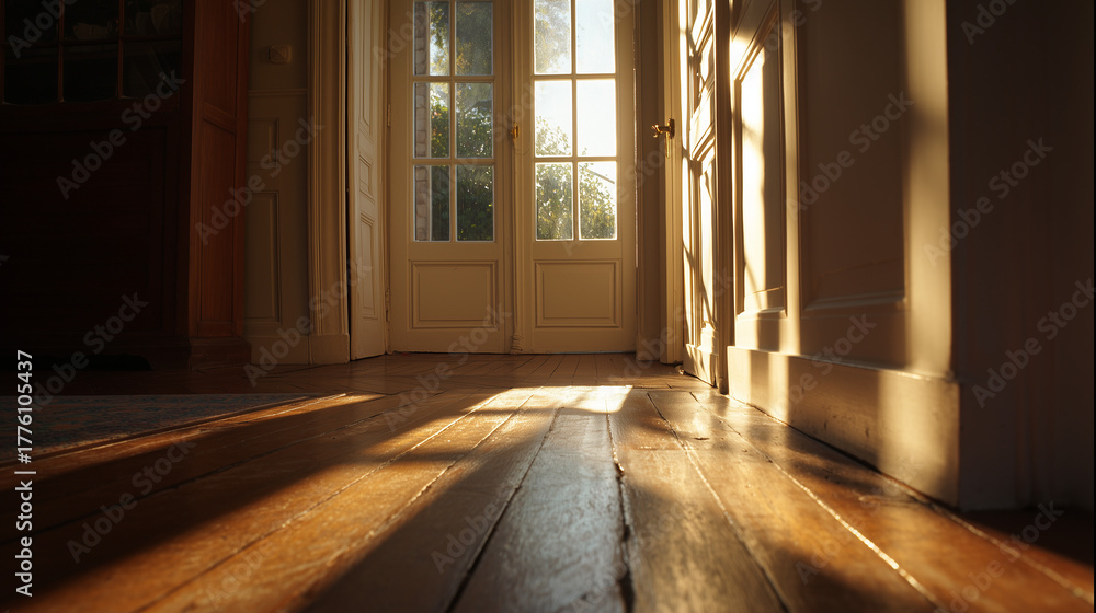 Fototapeta premium Sunlight streams through paneled doors onto a wooden floor creating bright and dark patterns indoors