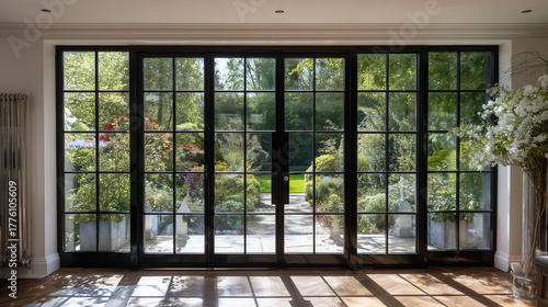 Interior view of a large black framed window looking out onto a lush green garden on a sunny day