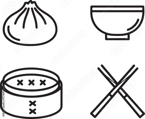 Asian Food Icons Dumpling Bowl Chopsticks and Steamer Basket dim sum