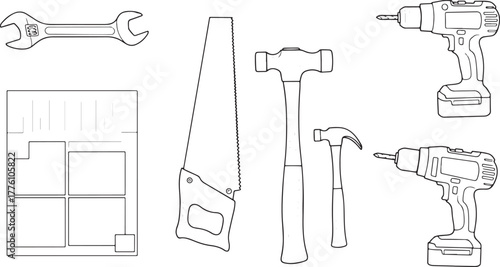 Assortment of Black and White Hand Tool Illustrations wrench spanner