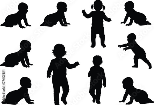 Silhouette collection of crawling and walking babies, adorable toddler poses showing child development stages, black vector illustration for baby growth and motion design