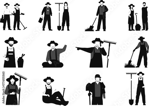 Set of farmer characters in different poses with agricultural tools, working, resting, and smiling, representing rural lifestyle and traditional farming concept vector