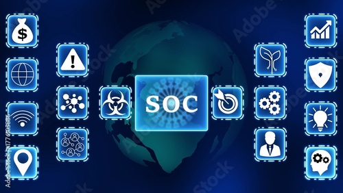 Global network of digital icons representing security and finance with SOC in center security operations center