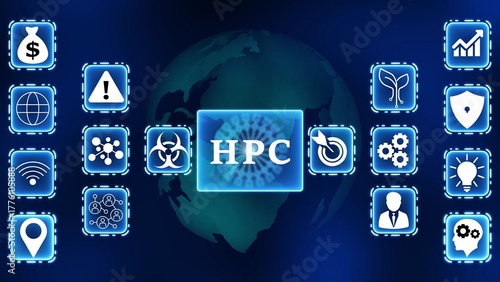 Global network of digital icons with HPC in the center and a background globe high performance computing