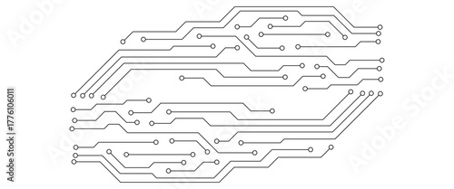Black circuit board traces and nodes on white background electronic technology