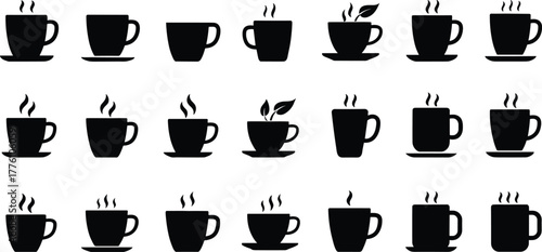 Coffee cup silhouette set, steaming mugs, tea icons, black vector cups, hot beverage symbols, minimal design, café graphic, drink illustration