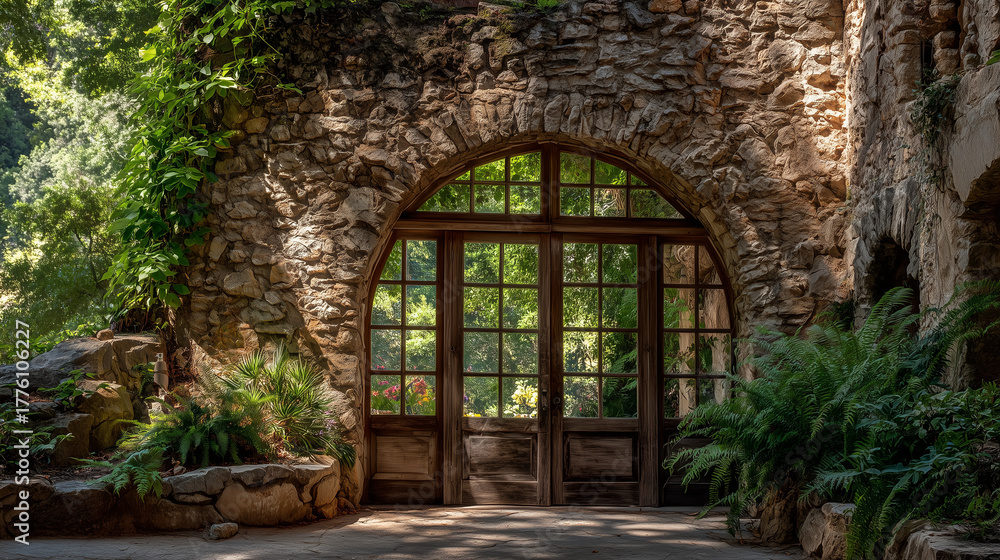 Obraz premium Stone archway with wooden doors and glass panels surrounded by lush greenery and natural light