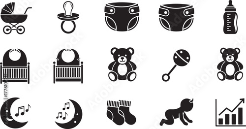 Baby Care Icons Set Including Stroller Crib and Toys pacifier diaper