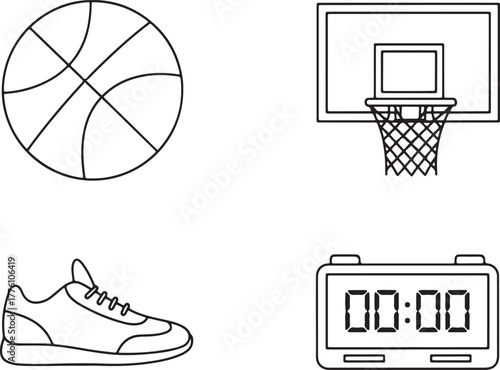 Basketball Sports Equipment Line Art Icons With Ball Hoop Shoe Timer backboard