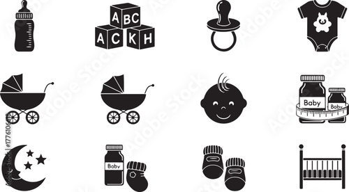 Black and white icons for baby and infant care on white background Keywords: baby bottle, ABC