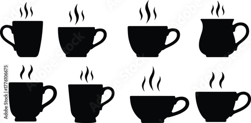 Steaming coffee cup silhouettes, tea mug icons, black vector cups, hot drink symbols, beverage design, kitchen graphic, minimal style, cozy illustration