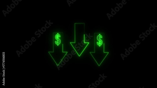  Neon Dollar Sign Icon with down allow symbol - Financial Focus and Wealth Concept blue arrow isolated concept cost, crisis reduction, risk, sale savings stock symbol..