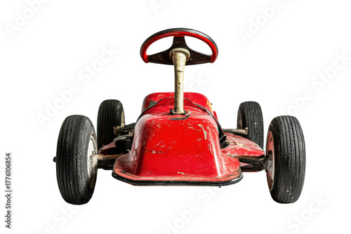 Vintage red toy race car steering wheel and front isolated on transparent background. Red go kart with a steering wheel isolated on white background.