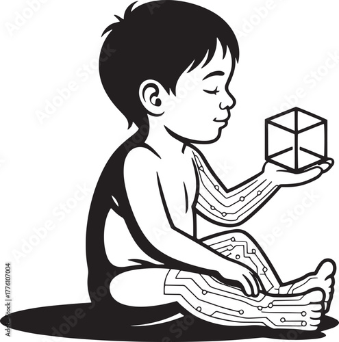 Stylized Child with Circuits Holding Cube on a Transparent Background Vector Graphic