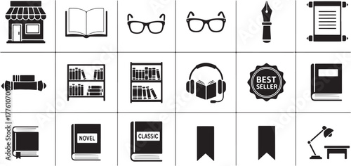 Bookstore and Reading Icons Set Keywords: store, shop, awning, open book, reading, glasses
