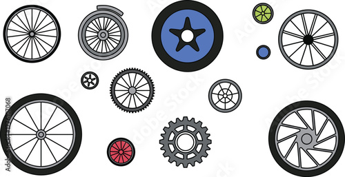 Wheel and gear collection, mechanical parts, spoke designs, colorful rims, engineering elements, machine components, round shapes, industrial style, gear textures, vector illustration