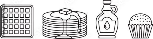 Breakfast Food Icons Waffle Stack of Pancakes Syrup and Cupcake vector illustration