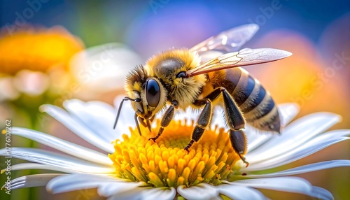 A honeybee, foraging on a daisy, in a vibrant, close-up, macro view