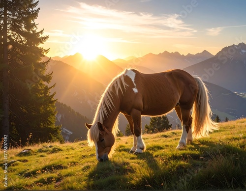 A horse grazes on a hillside meadow with a stunning sunset over mountain peaks