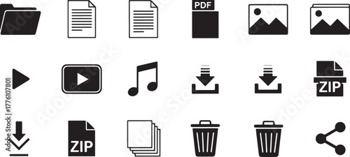 Collection of digital file and interface icons on white background Keywords: folder, document