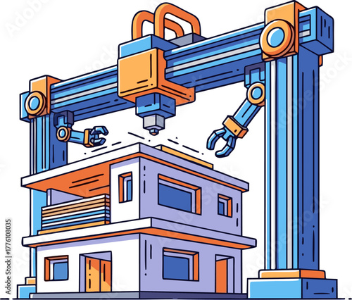 Large scale 3D printer constructing a modern house.